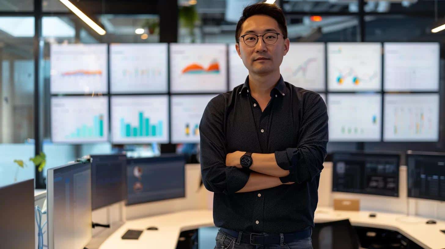 a focused professional stands in a modern office surrounded by digital screens displaying analytics and keyword graphs, embodying the theme of unlocking content gaps for seo success through strategic insights and data-driven decision-making.