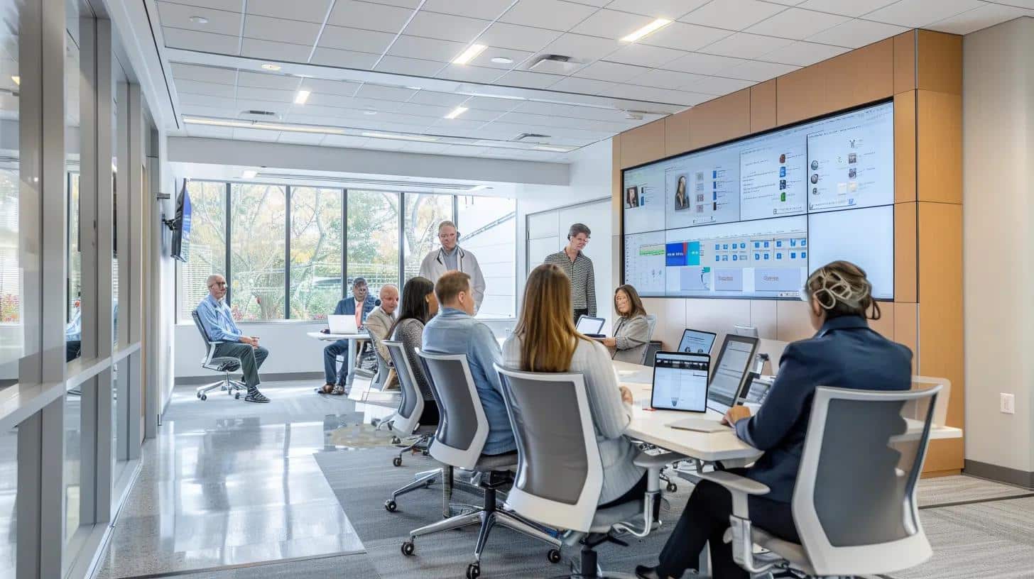 a modern healthcare office bustling with activity, showcasing medical professionals engaging with a sleek digital scheduling interface on tablets, illustrating the efficiency and organization brought by mobile scheduling in practice operations.
