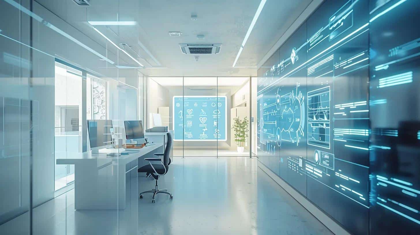 a modern medical office setting showcases a digital display screen prominently featuring automated appointment reminders, reflecting the seamless integration of technology in enhancing patient engagement.