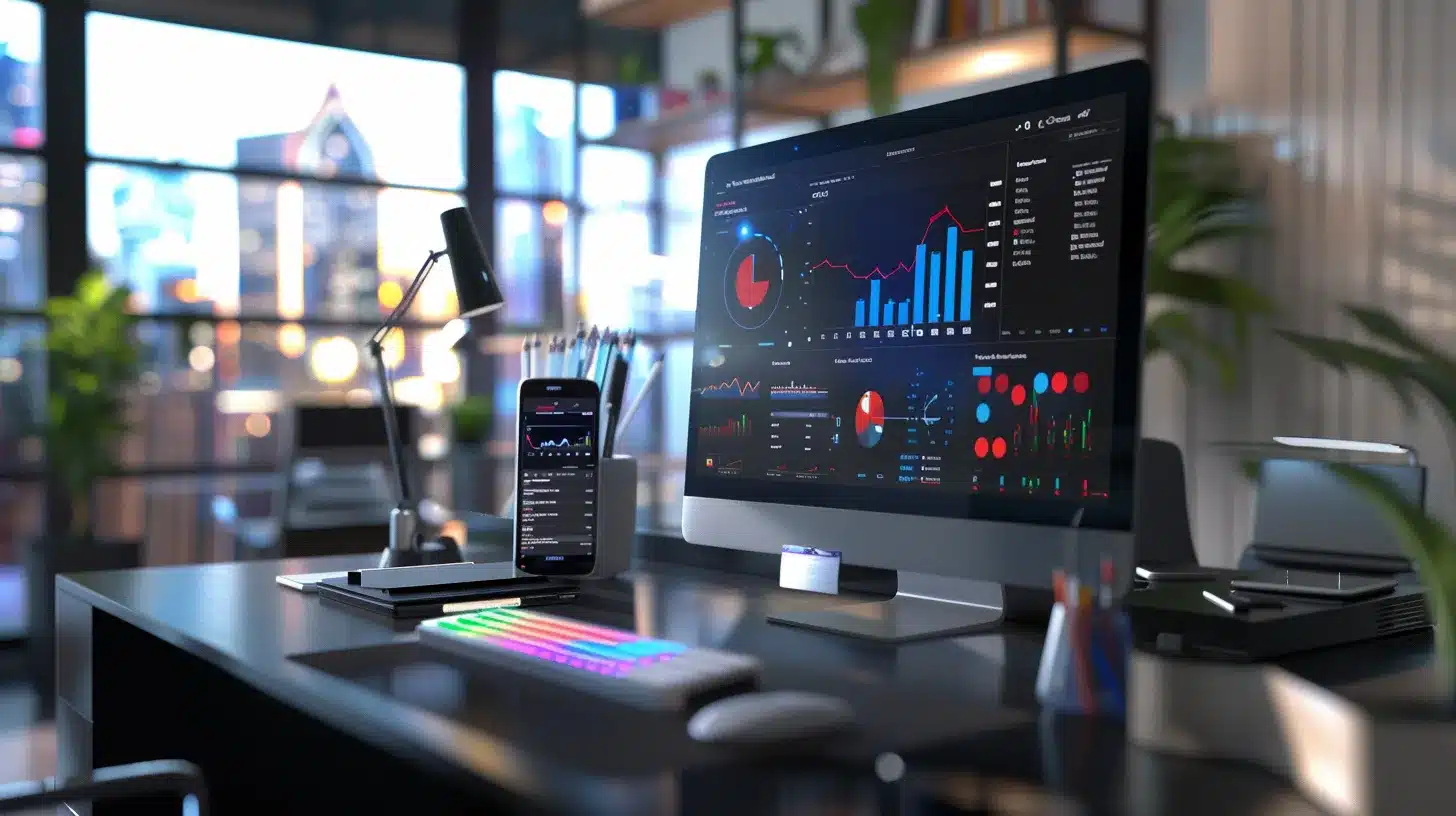 a modern office environment features a sleek computer desk displaying an active content management system on the screen, with vibrant graphs and update notifications illuminated in a high-tech ambiance, highlighting the importance of maintaining current plugins and system security.
