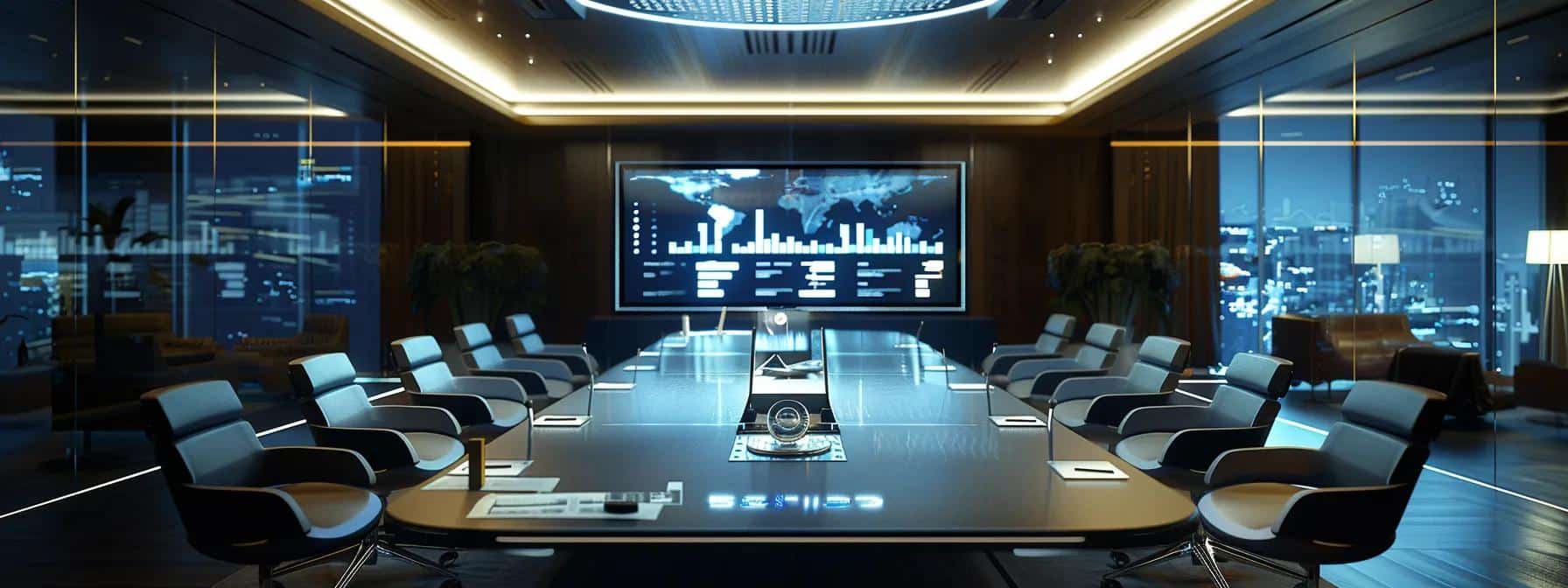 a modern office environment features a sleek conference table surrounded by focused professionals analyzing charts and graphs on digital screens, symbolizing the strategic approach to enterprise link acquisition and seo principles.