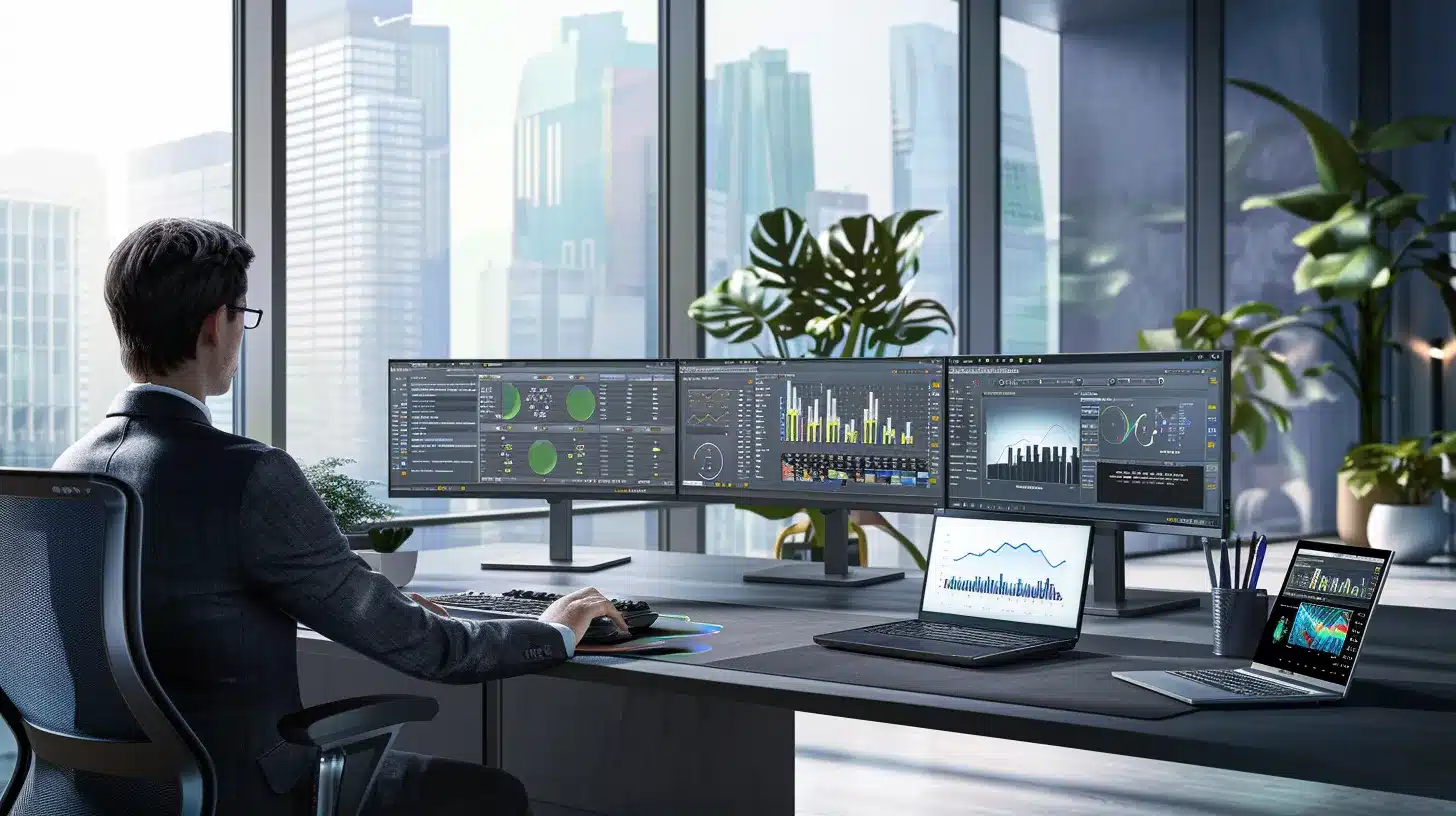 a modern office environment showcases a focused professional intently reviewing website analytics on a sleek laptop, surrounded by dual monitors displaying refreshed content and keyword performance metrics.