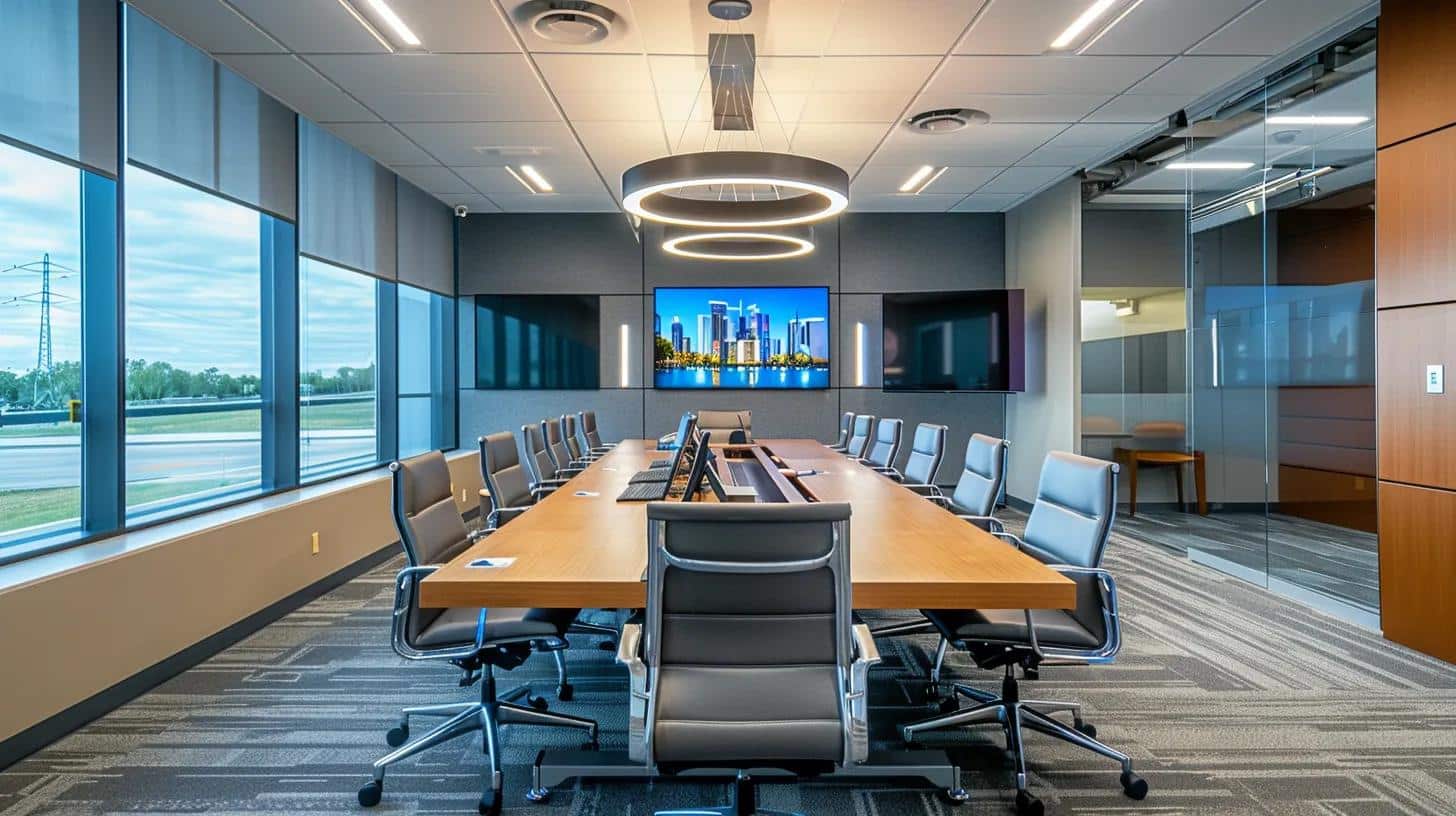 a modern office interior showcases a diverse team of professionals collaborating around a sleek conference table, with laptops open and a large screen displaying a content management system interface, symbolizing the essential role of cms in enhancing digital workflows for south lyon businesses.