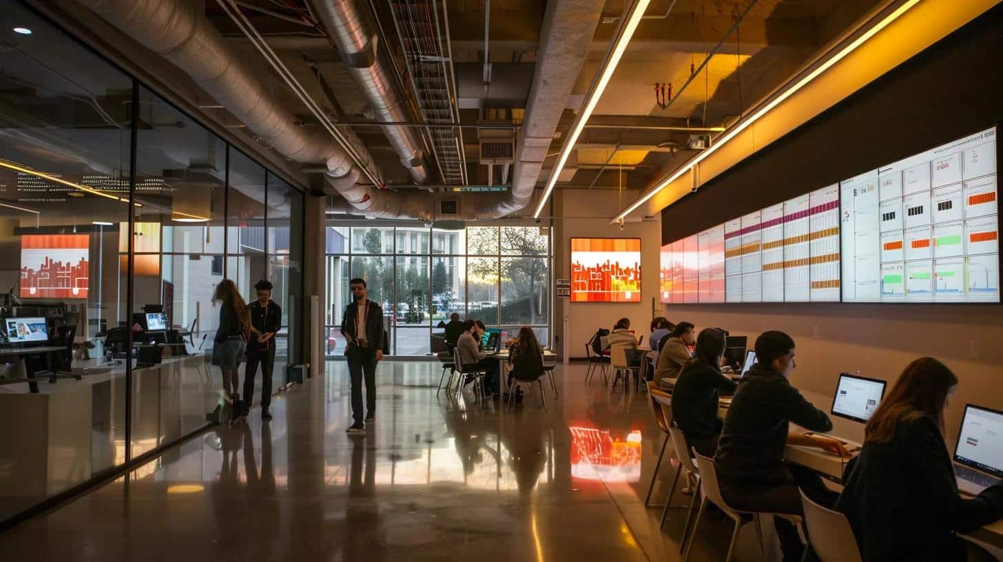 a modern office space bustling with professionals analyzing data on sleek laptops, illuminated by bright overhead lights, showcasing strategic charts and graphs on digital screens that emphasize local seo tactics for e-commerce in south lyon.