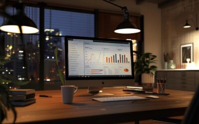 a modern office space featuring a sleek desktop computer displaying a visually engaging seo analytics dashboard, illuminated by bright overhead lights, emphasizing the dynamic and essential nature of seo for beginners in a professional environment.