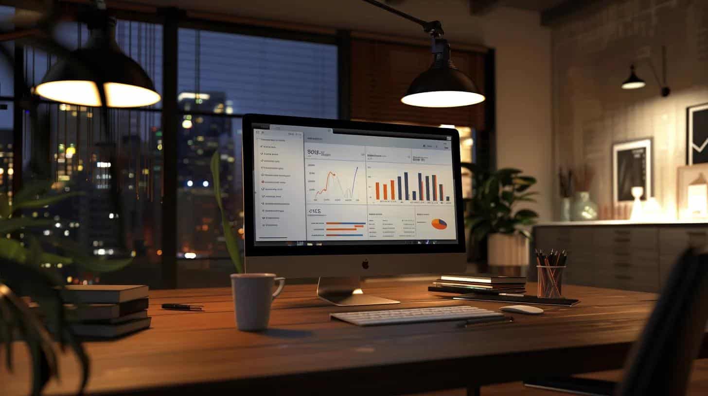 a modern office space featuring a sleek desktop computer displaying a visually engaging seo analytics dashboard, illuminated by bright overhead lights, emphasizing the dynamic and essential nature of seo for beginners in a professional environment.