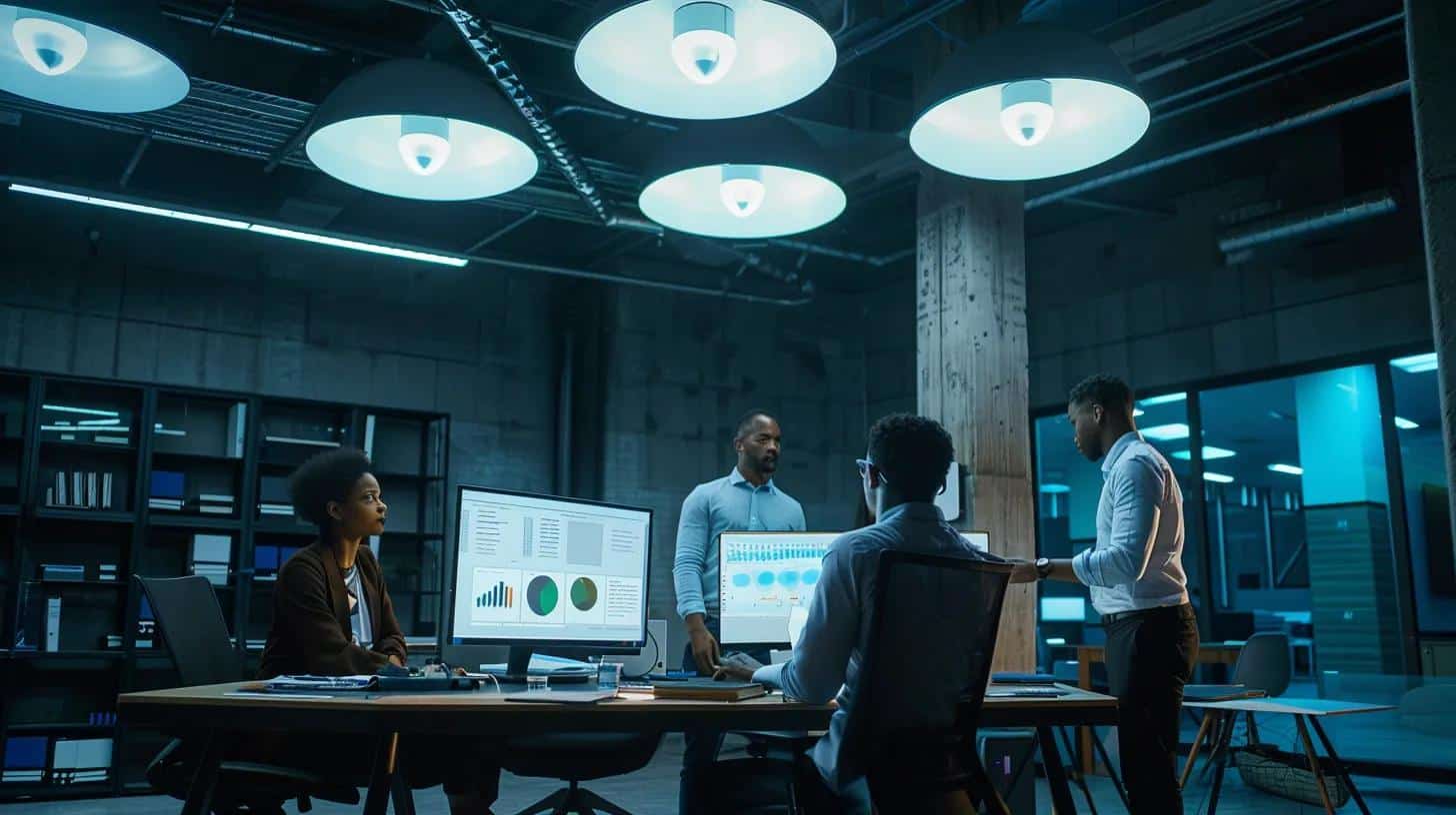 a modern office space in south lyon, mi, featuring diverse professionals collaboratively discussing their innovative localized cms solutions, illuminated by focused overhead lighting that highlights engaging digital interfaces on sleek monitors.