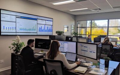a modern office space in south lyon, mi, showcases a sleek cms solutions dashboard on a large monitor, surrounded by engaged small business professionals collaborating over digital strategies, illuminated by focused overhead lighting.