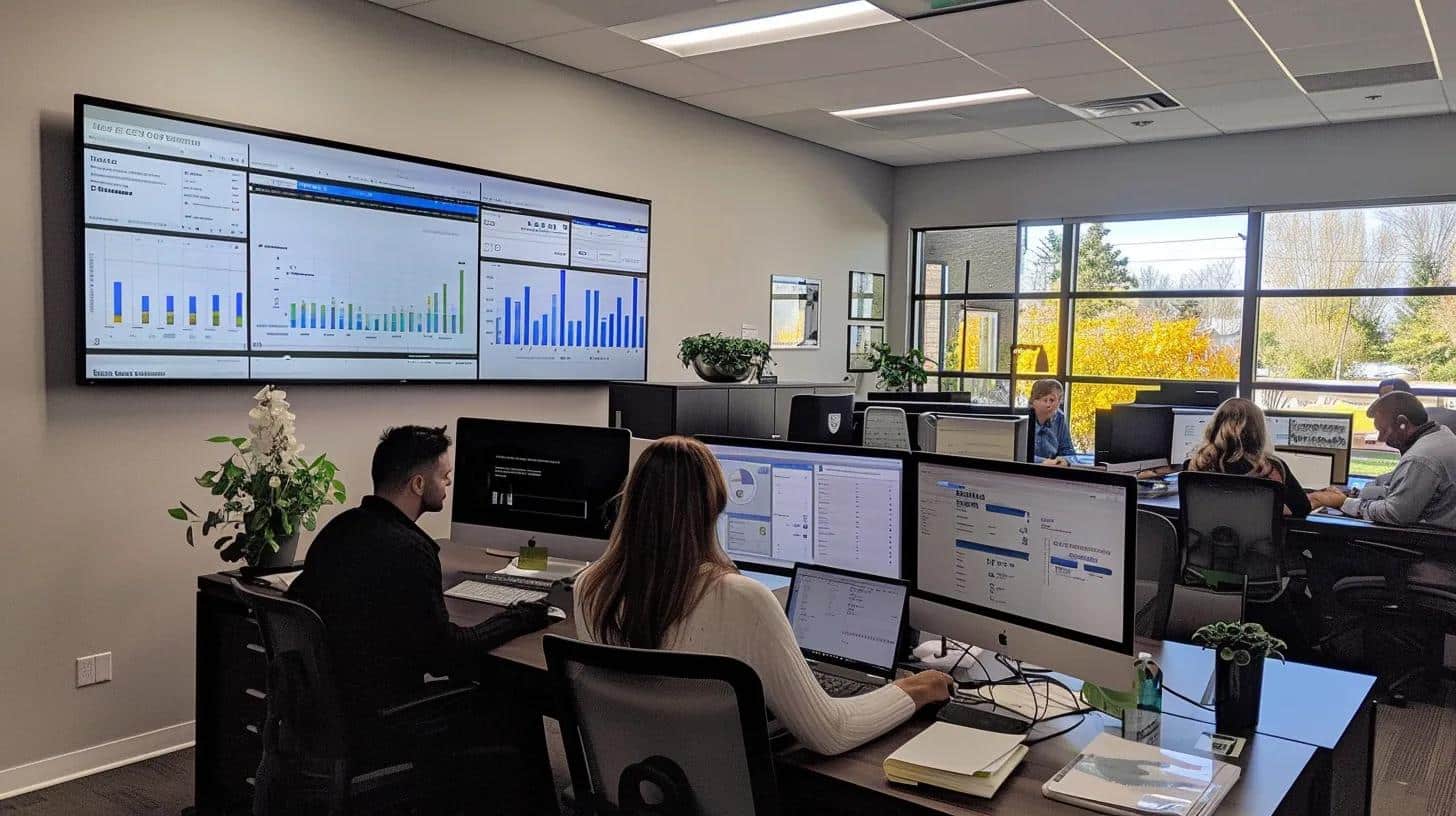 a modern office space in south lyon, mi, showcases a sleek cms solutions dashboard on a large monitor, surrounded by engaged small business professionals collaborating over digital strategies, illuminated by focused overhead lighting.