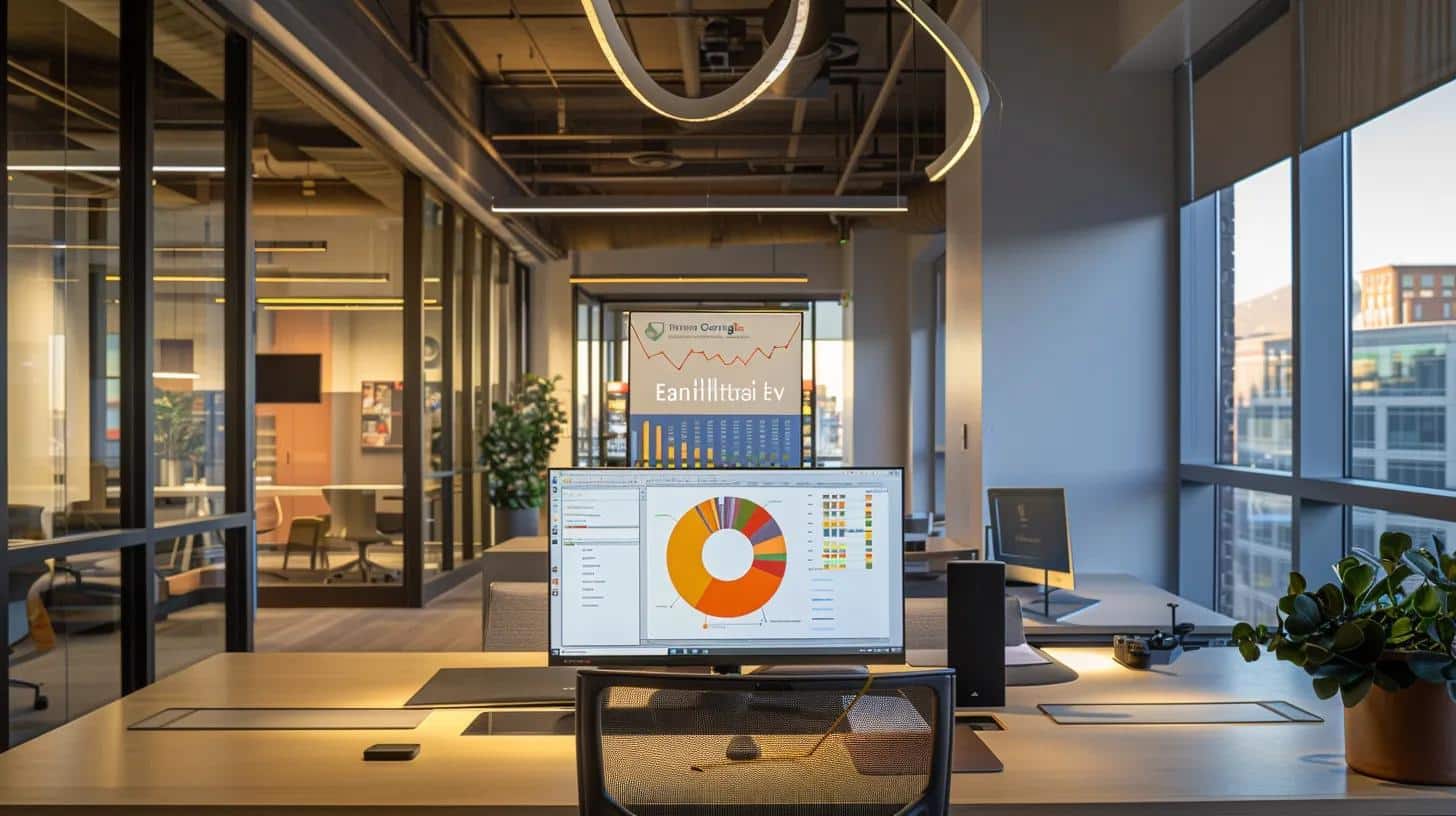 a modern office space showcases a sleek computer monitor displaying an optimized google business profile, surrounded by vibrant charts and graphs that illustrate local seo strategies, illuminated by focused overhead lighting for a professional atmosphere.