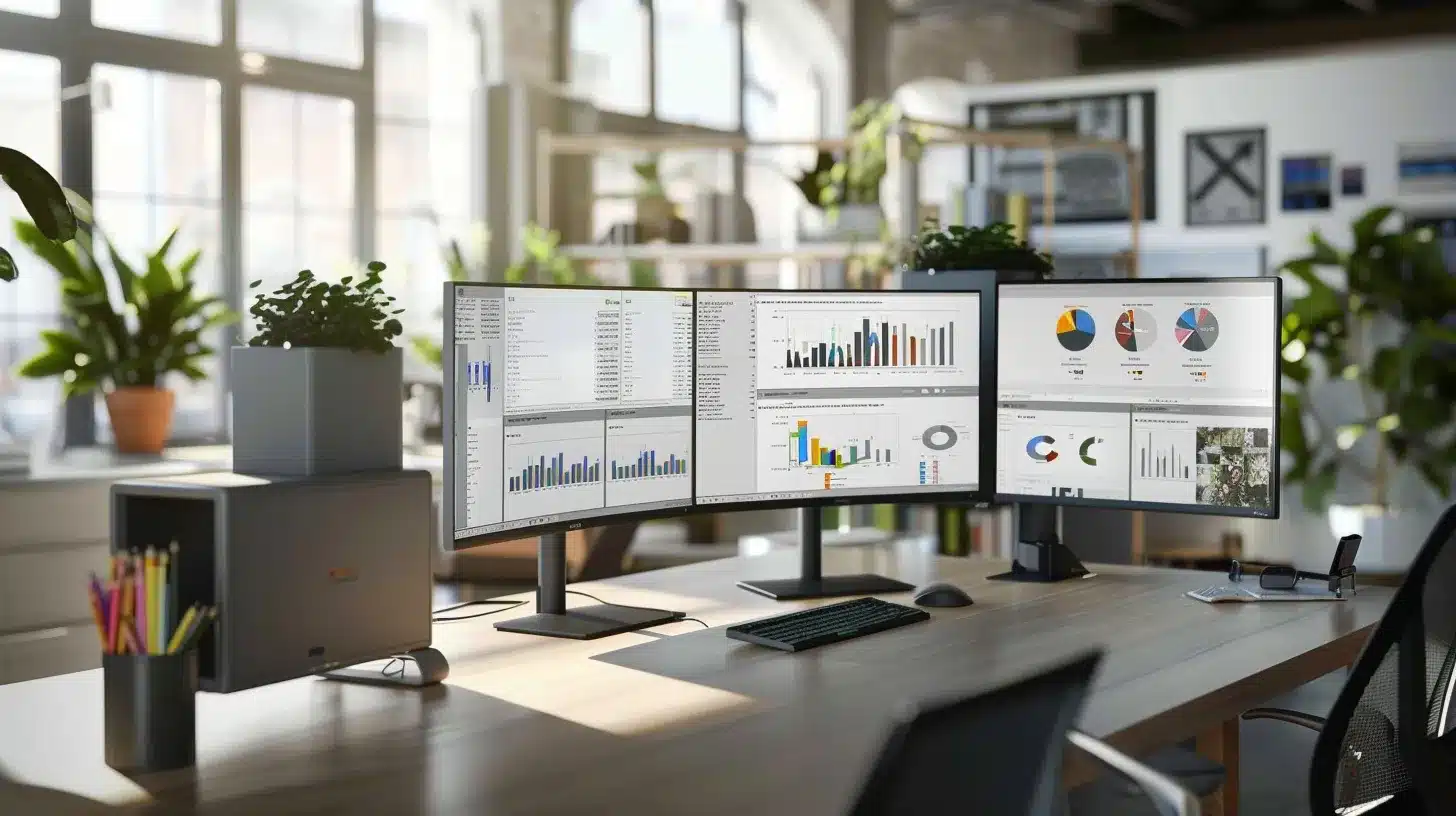 a modern office workspace features multiple high-resolution monitors displaying a website running simultaneous browser tests, with vivid graphs and performance metrics illuminating the room, symbolizing the intricacies of cross-device functionality validation.