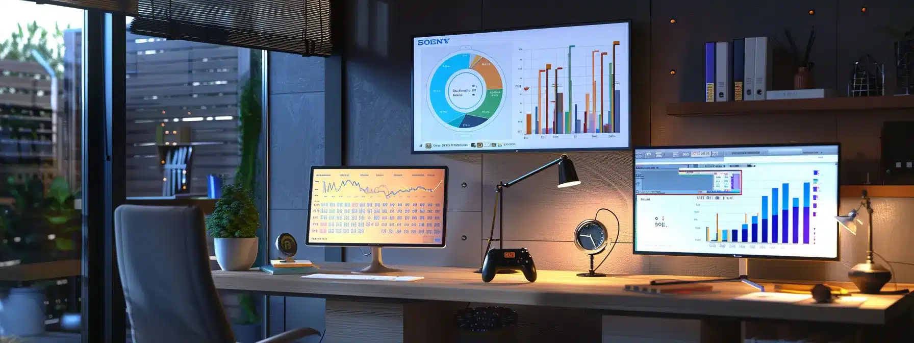 a modern office workspace features a sleek computer setup displaying colorful analytics and graphs, while a professional reviews user-centered design strategies on a digital tablet, illuminated by focused led lighting that enhances the high-tech atmosphere.