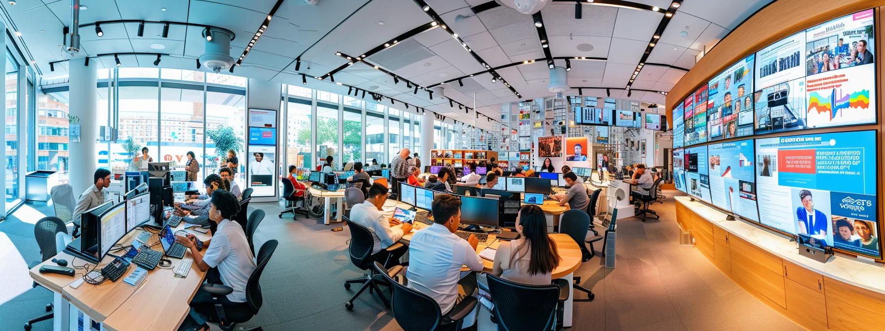 a modern office workspace is bustling with diverse team members engaged in collaborative discussions over digital content strategies, surrounded by sleek technology and vibrant displays showcasing analytics and brand guidelines.