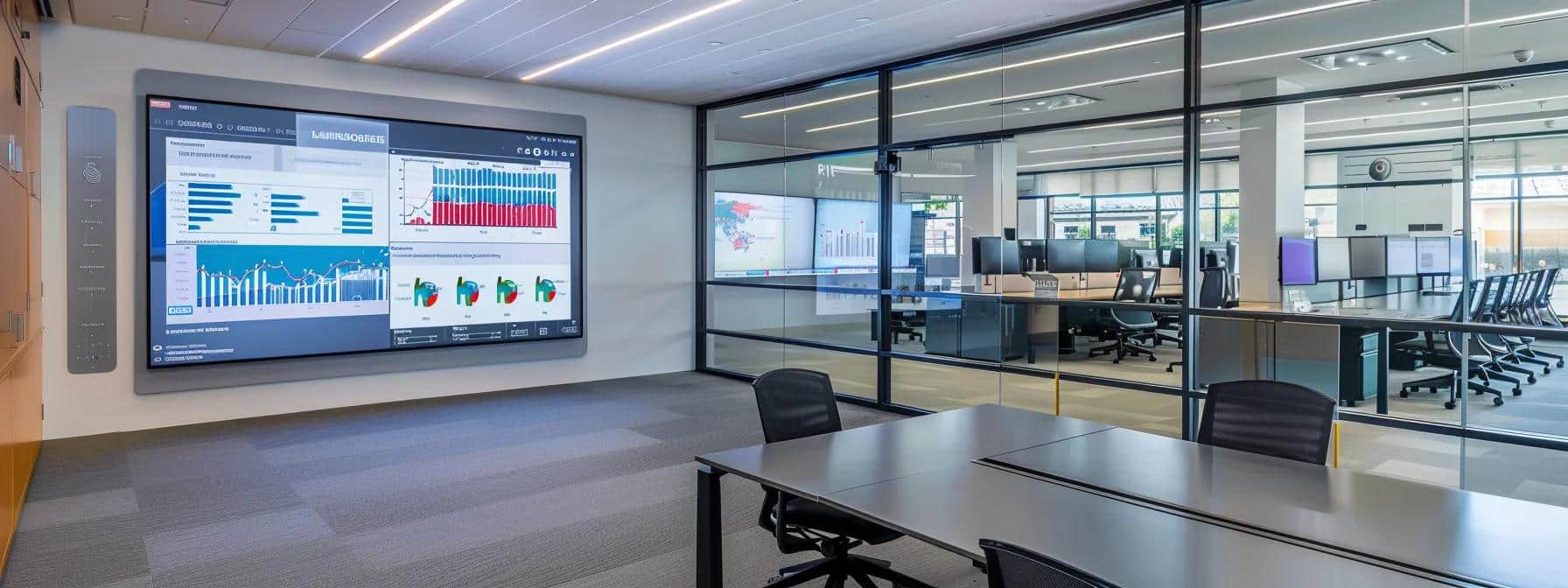 a modern office workspace showcases a large screen displaying vibrant graphs and statistics related to local seo strategies, with essential tools like google my business and local directory citations prominently highlighted in a sleek, contemporary design.