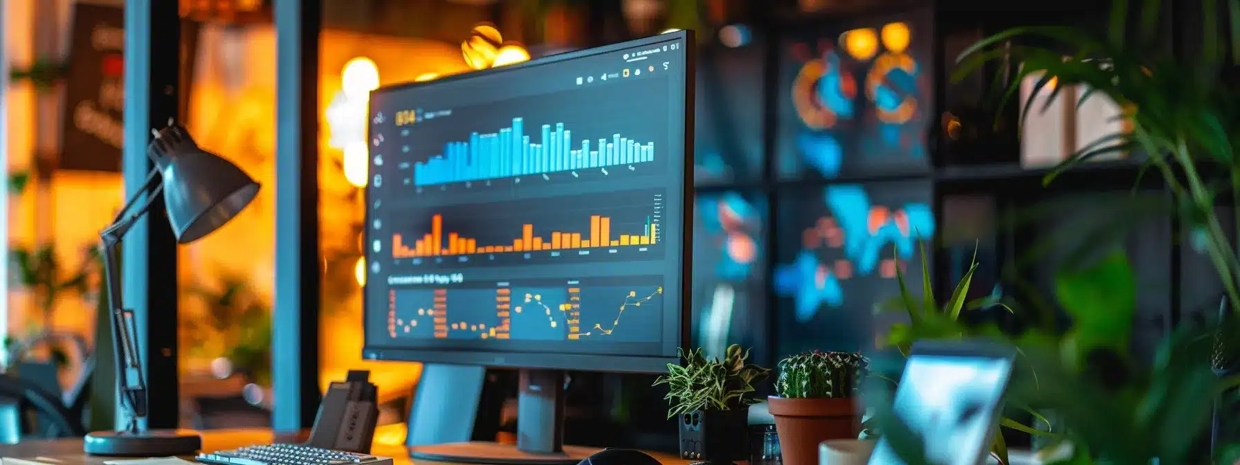 a modern office workspace vibrantly illuminated by sleek, high-tech screens displaying seo analytics and user engagement metrics, emphasizing the strategic alignment of user intent with digital marketing practices.