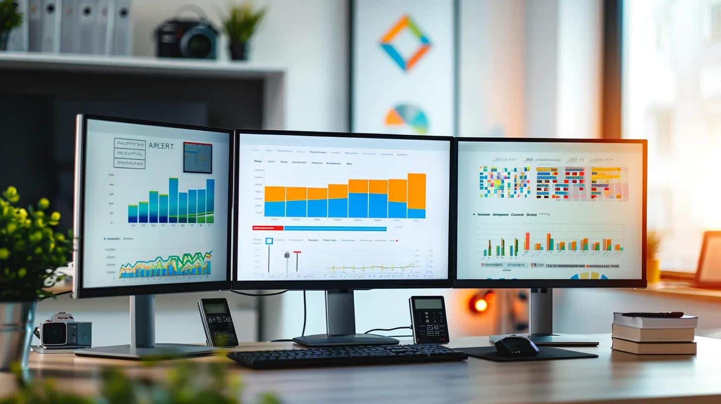 a modern, well-lit office space showcases a digital marketing professional analyzing complex keyword data on multiple screens, with graphs and charts illustrating advanced search techniques prominently displayed, emphasizing a focus on improving online rankings.