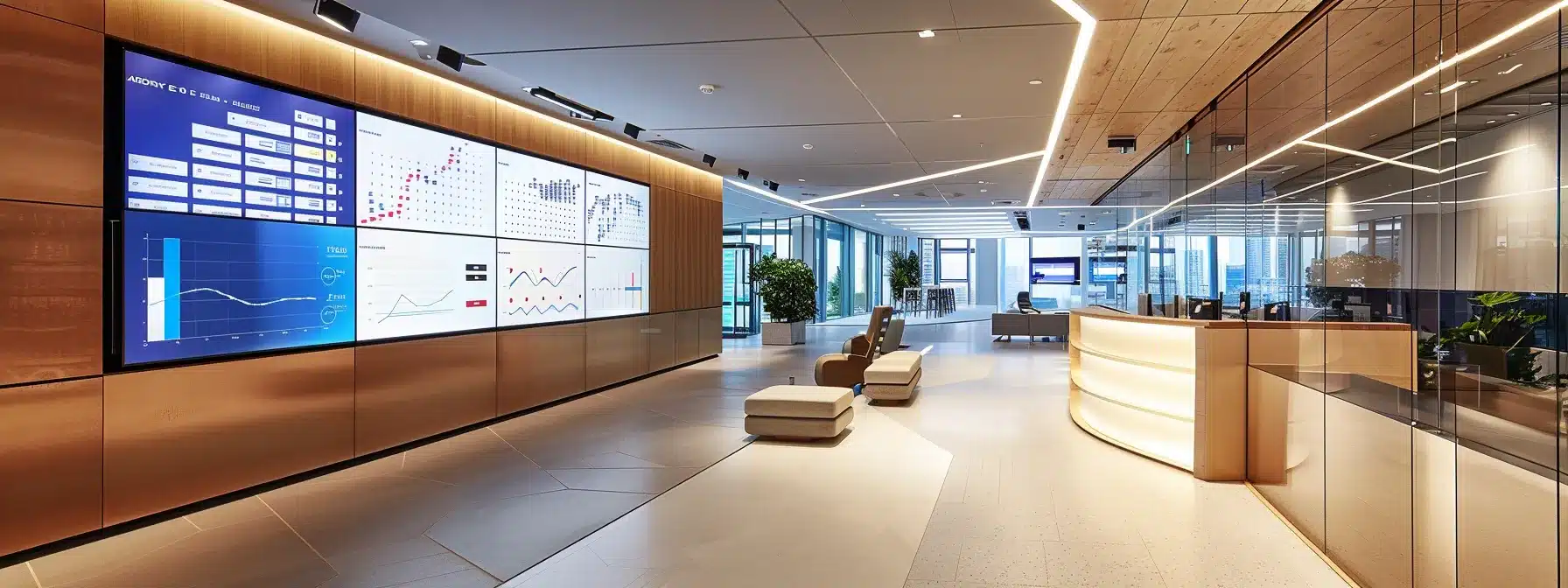 a sleek and modern office environment with a large digital screen displaying interconnected graphs and user interface designs, symbolizing the dynamic relationship between user experience and seo, illuminated by soft, focused lighting to enhance the professional atmosphere.