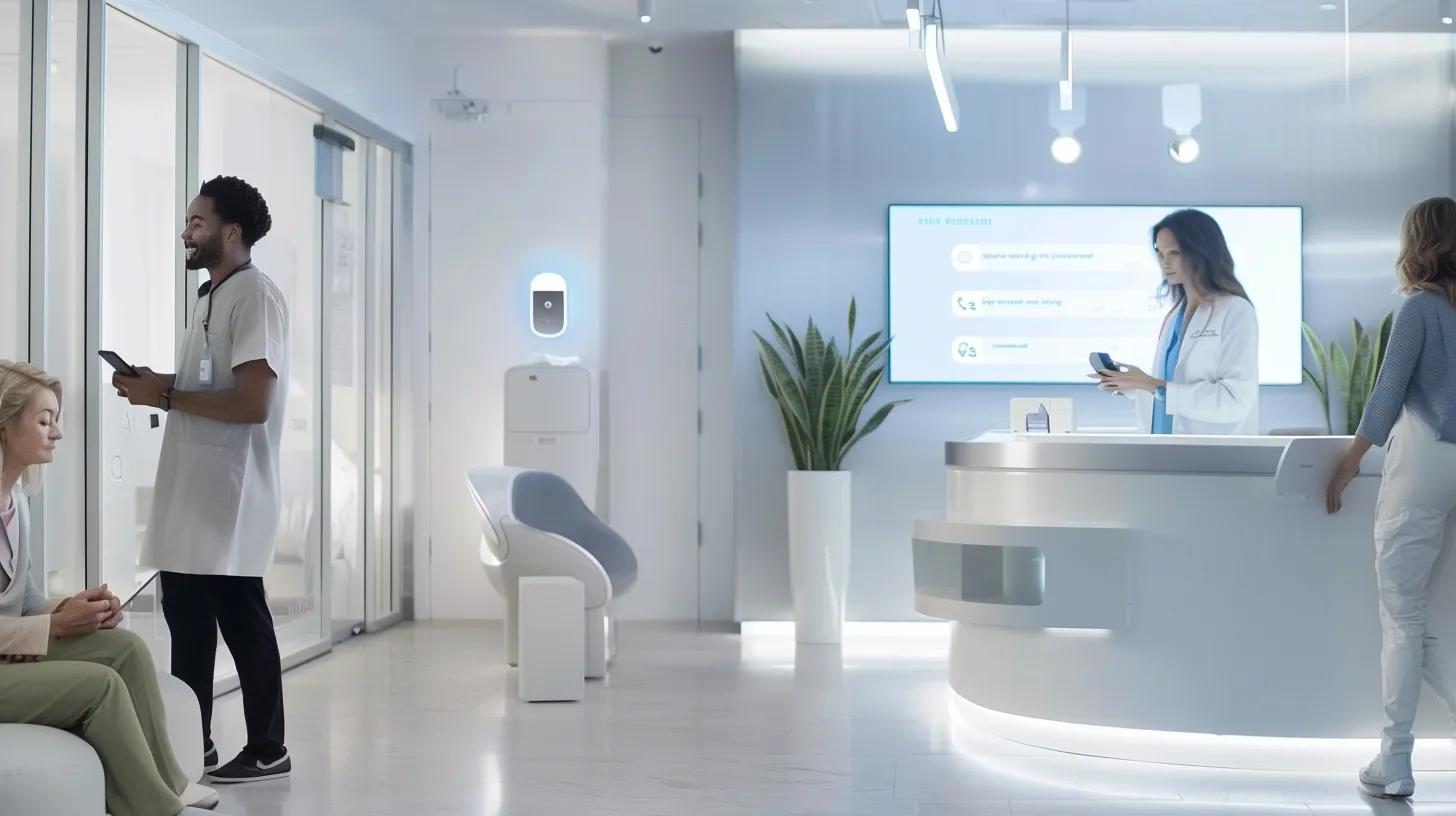 a sleek, modern healthcare office interior features a futuristic mobile booking interface displayed on a digital screen, with a diverse group of patients interacting with ai chatbots and telehealth options, emphasizing the advancements in patient engagement and convenience.