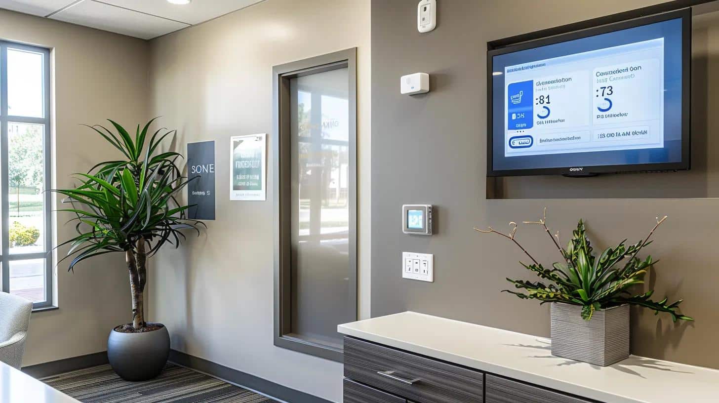 a sleek, modern healthcare office with a digital tablet displaying a user-friendly appointment booking interface, emphasizing the ease of access that enhances patient satisfaction and engagement.