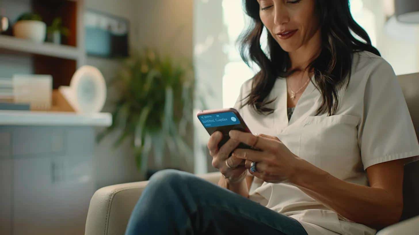 a sleek, modern medical office setting showcases a patient using a smartphone to effortlessly navigate a mobile-friendly booking system, highlighting streamlined engagement and convenience through a vibrant, user-friendly interface on the device's screen.