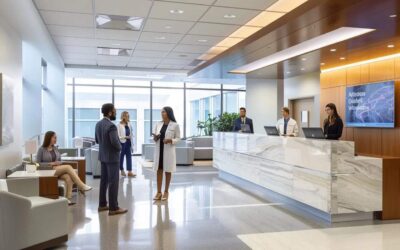 a sleek, modern office environment showcases a diverse group of healthcare professionals engaged with user-friendly digital interfaces on their smartphones and tablets, highlighting the seamless mobile-friendly booking system that enhances patient engagement.