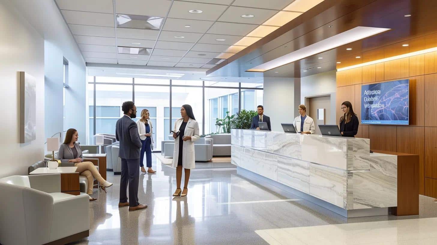 a sleek, modern office environment showcases a diverse group of healthcare professionals engaged with user-friendly digital interfaces on their smartphones and tablets, highlighting the seamless mobile-friendly booking system that enhances patient engagement.