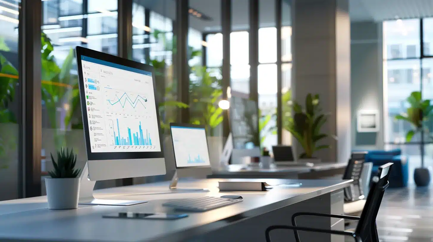 a sleek, modern office environment features an organized workstation with multiple computer screens displaying a digital dashboard for website backups, illuminated by cool, focused lighting that accentuates the urgency and professionalism of maintaining digital security.