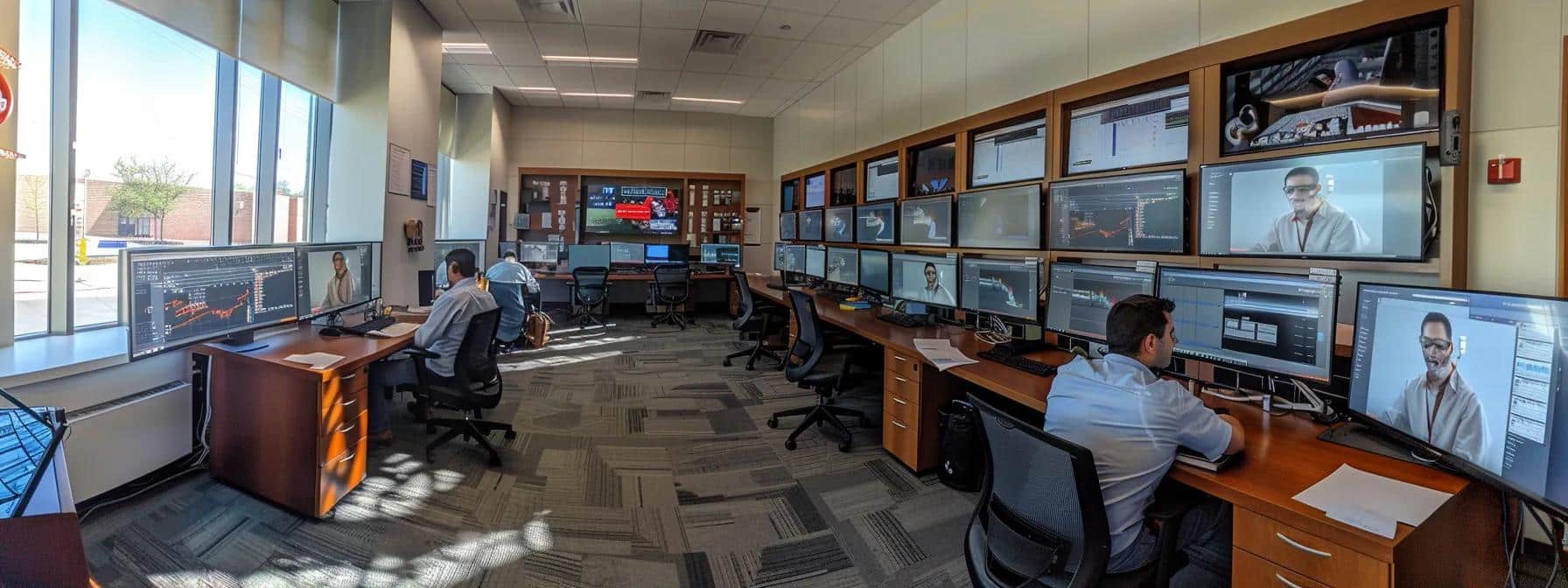 a sleek, modern office environment filled with professionals engaged in a dynamic strategy session, analyzing digital marketing data on multiple monitors to develop national seo practices that merge brand awareness with localized content adaptations.