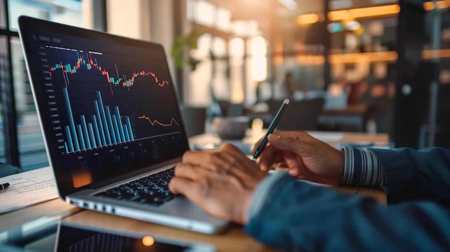 a sleek, modern office environment showcases a focused business professional analyzing data analytics on a large screen, symbolizing the critical role of seo in enhancing visibility and competitiveness for south lyon businesses.