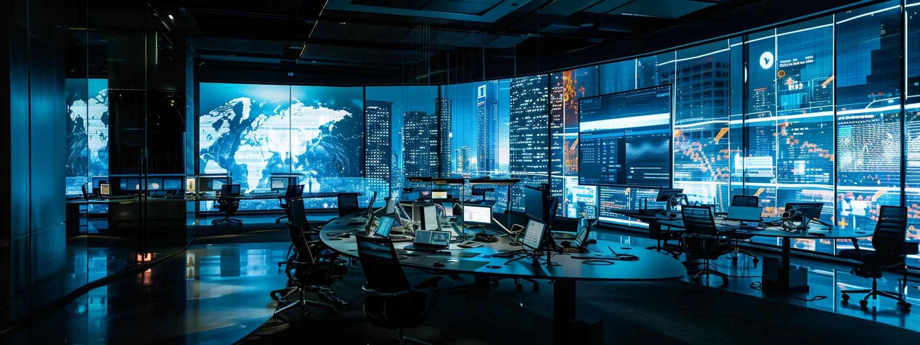 a sleek, modern office environment showcases a dynamic team collaborating around a large conference table, surrounded by digital screens displaying analytics and high-quality content strategies aimed at driving enterprise-level link building.