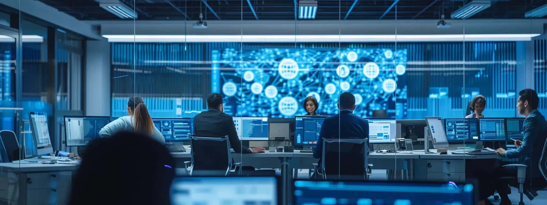 a sleek, modern office environment showcases a diverse team engaged in a dynamic brainstorming session, surrounded by digital displays illustrating advanced link building strategies and data analytics, emphasizing the innovative techniques for enterprise seo optimization.