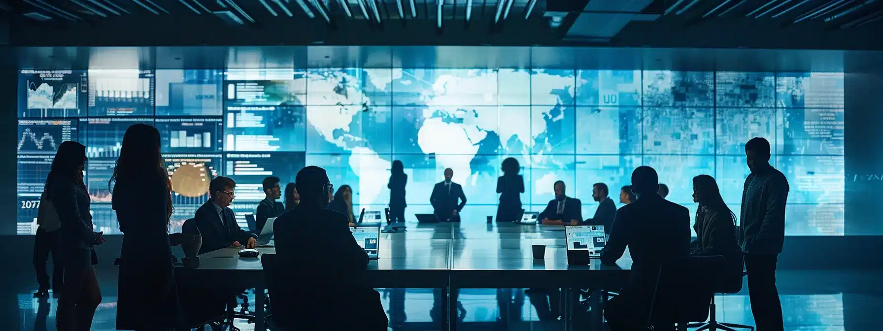 a sleek, modern office filled with diverse professionals engaged in dynamic discussions around a large table, surrounded by digital displays showcasing user experience metrics and seo strategies, highlighting the intricate balance between aesthetic design and functional optimization.
