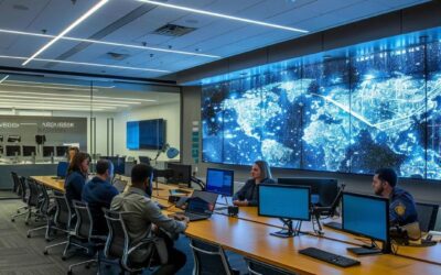 a sleek, modern office space features a large digital screen displaying a complex data visualization of seo metrics, accentuated by sharp downlighting that highlights the strategic discussions among executives seated at a minimalist conference table.