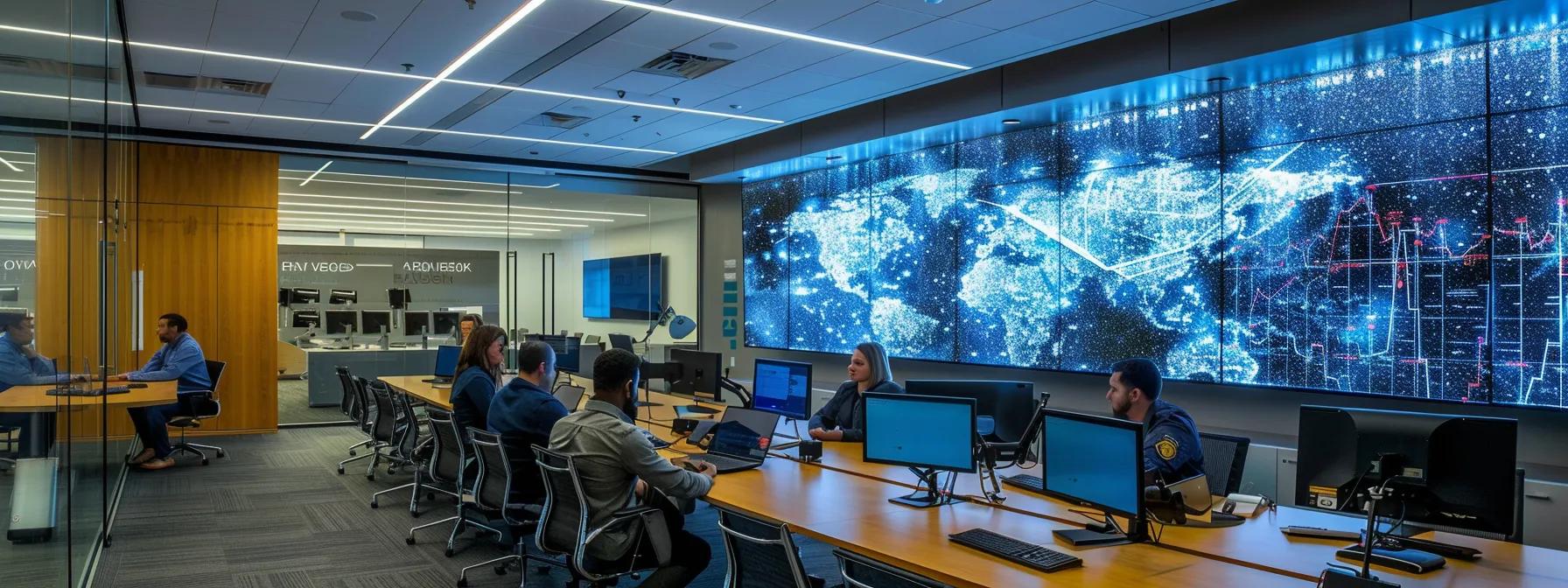 a sleek, modern office space features a large digital screen displaying a complex data visualization of seo metrics, accentuated by sharp downlighting that highlights the strategic discussions among executives seated at a minimalist conference table.