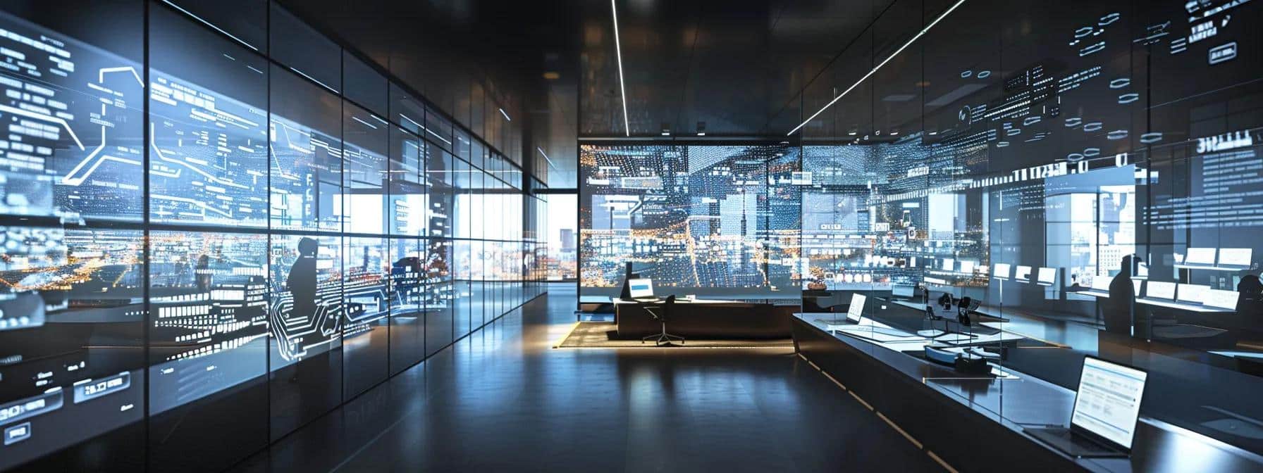 a sleek, modern office space filled with digital screens displaying intricate diagrams of internal linking architectures, with focused professionals analyzing data on laptops to enhance seo strategies for enterprise websites.