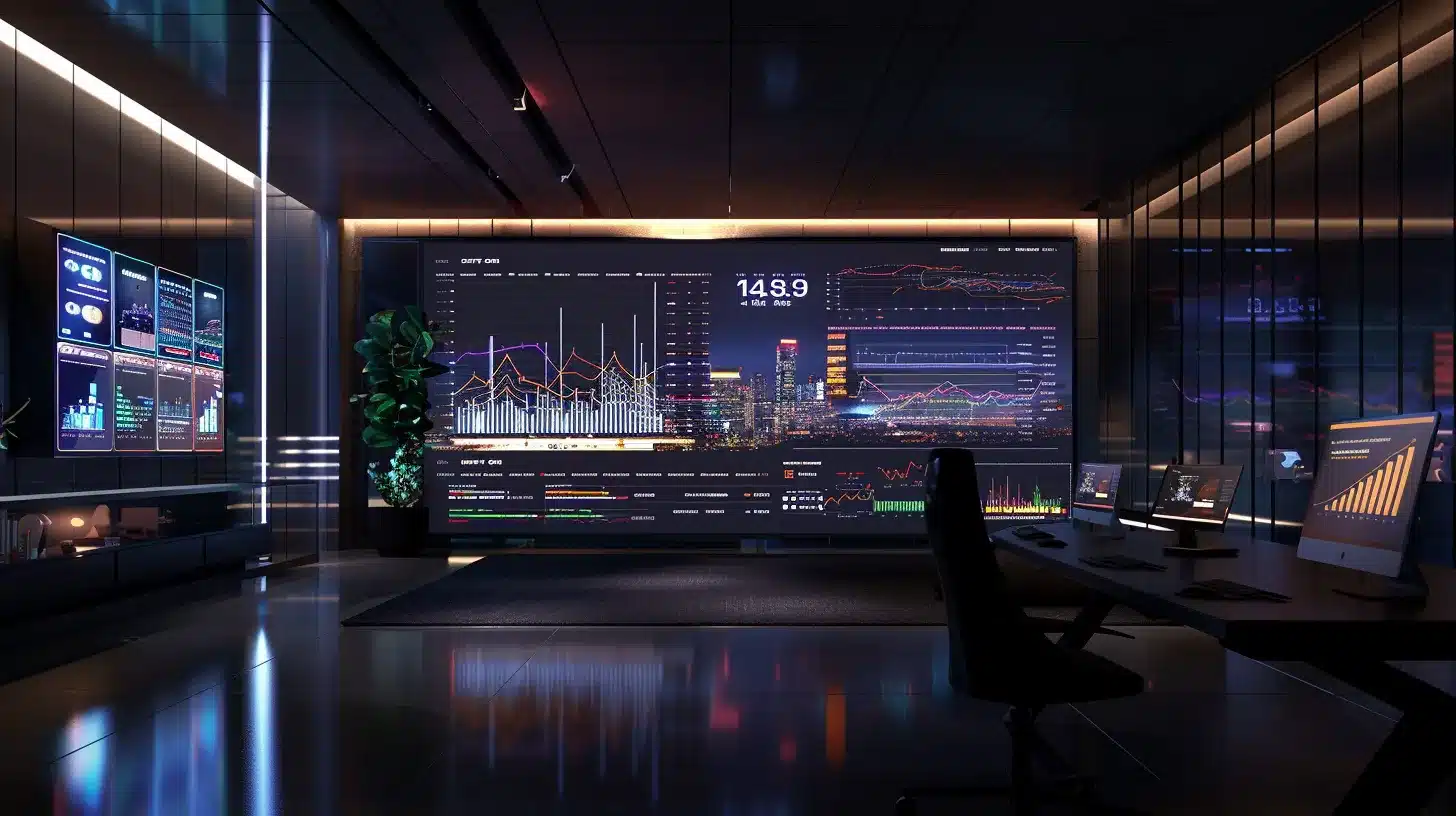 a sleek, modern office space features a large monitor displaying vibrant graphs and performance metrics, illuminating a dashboard focused on website loading speed optimization, with a minimalist aesthetic that highlights efficiency and technology.