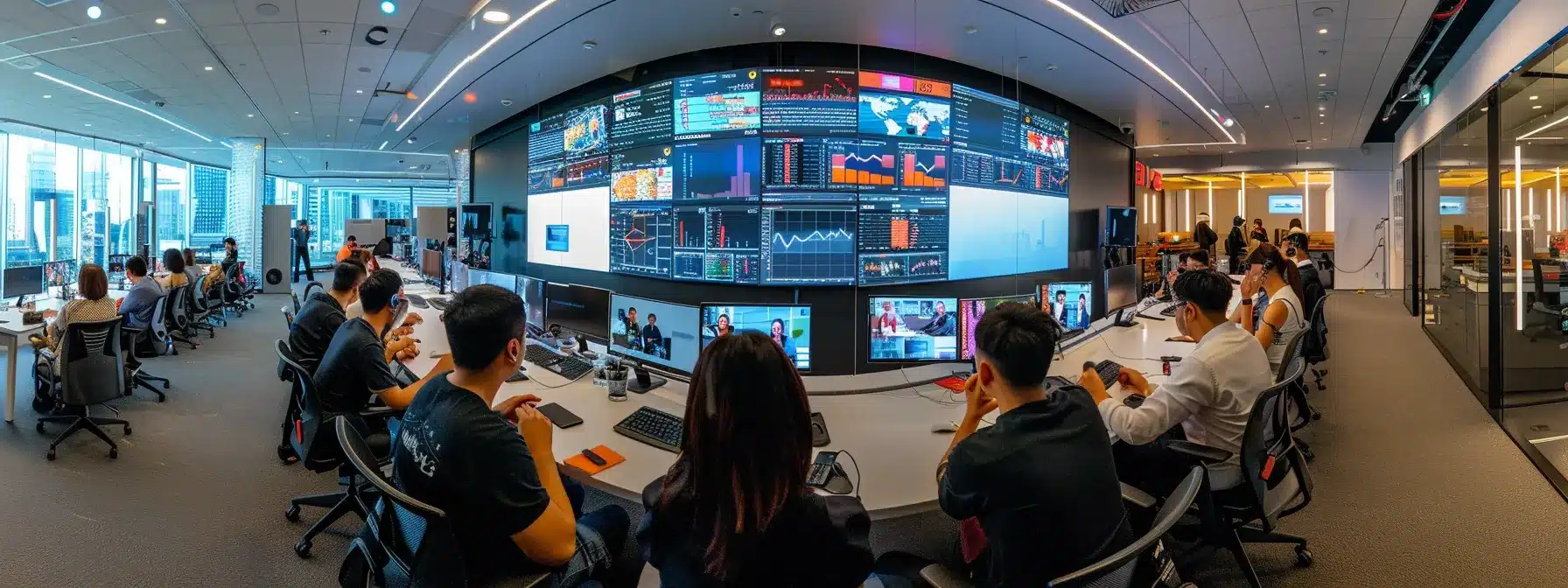 a sleek, modern office space showcases a diverse team engaged in an animated discussion around a large digital screen filled with analytics and kpis, emphasizing the integration of user experience and seo success.