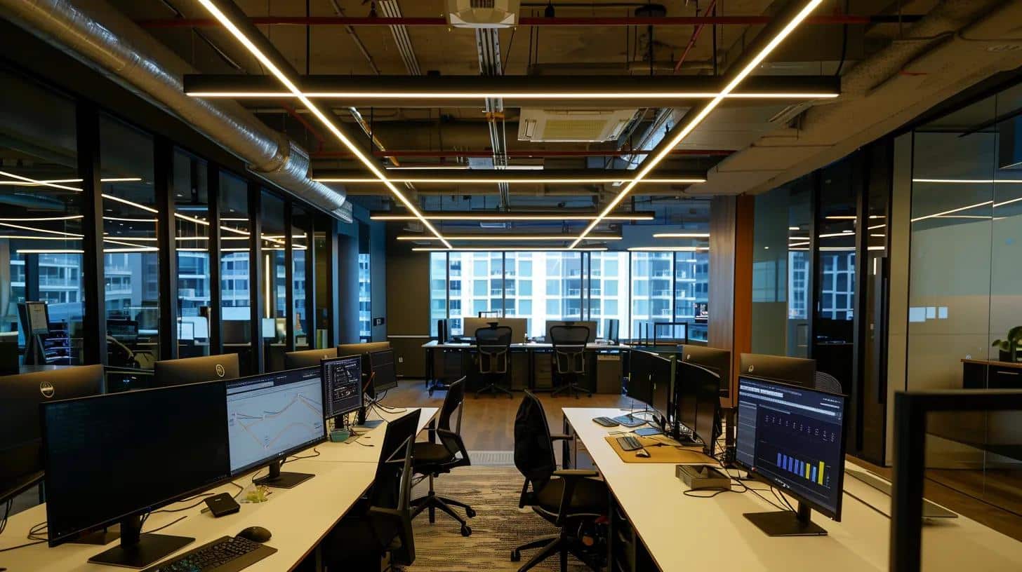 a sleek, modern office space is filled with high-tech monitors displaying keyword analytics and seo graphs, conveying the critical importance of keyword research for digital marketing success.