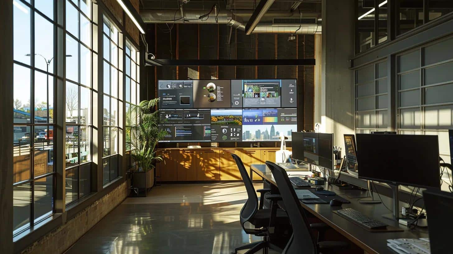 a sleek, modern office workspace in south lyon showcases a computer screen displaying a user-friendly cms interface, vividly highlighting mobile responsiveness and seo tools, with focused employees collaborating in the background.