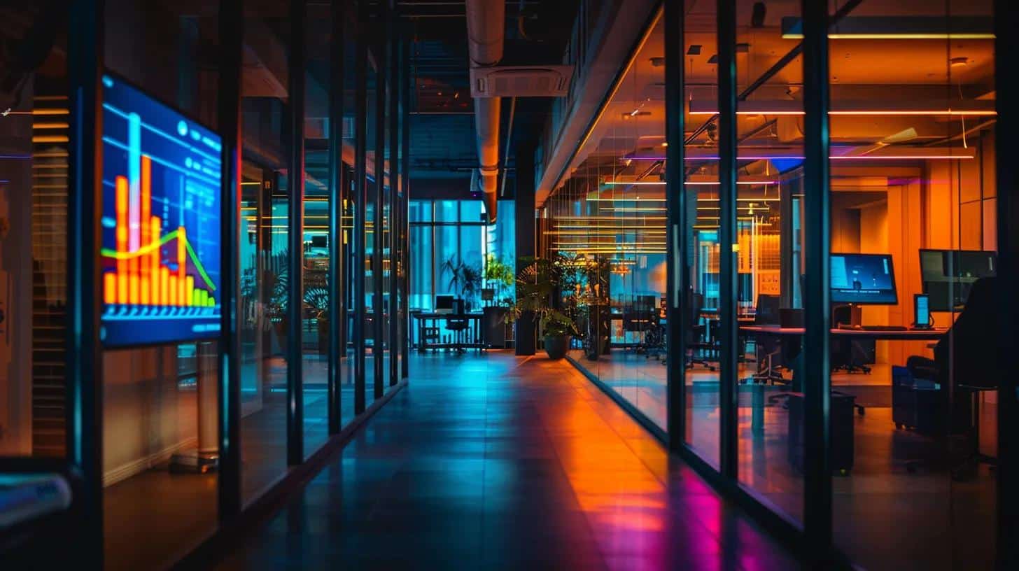 a sleek, modern office workspace filled with vibrant screens displaying technical seo analytics and e-commerce performance metrics, illuminated by bright overhead lights that enhance the cutting-edge ambiance.