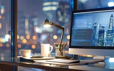a sleek, modern office workspace showcases a large computer screen displaying visually appealing responsive web design elements, with a blurred cityscape visible through the glass windows, emphasizing the importance of mobile seo in a dynamic business environment.