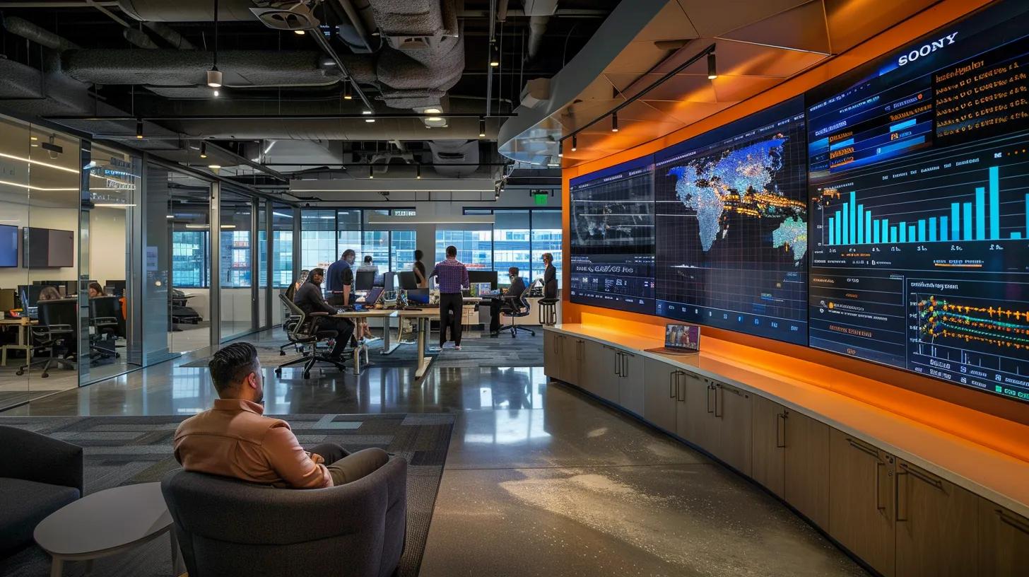 a sleek, modern office workspace features a large digital display showcasing a dynamic dashboard of e-commerce search intent analytics, with a diverse group of professionals intently analyzing data and discussing strategies for south lyon shoppers.