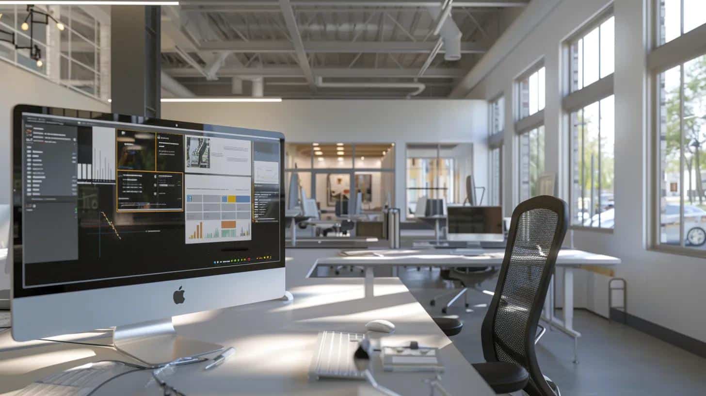 a sleek, modern office workspace features a large monitor displaying an intuitive e-commerce website interface, with highlighted elements like metadata and engaging content designed to enhance user experience and optimize search engine performance.