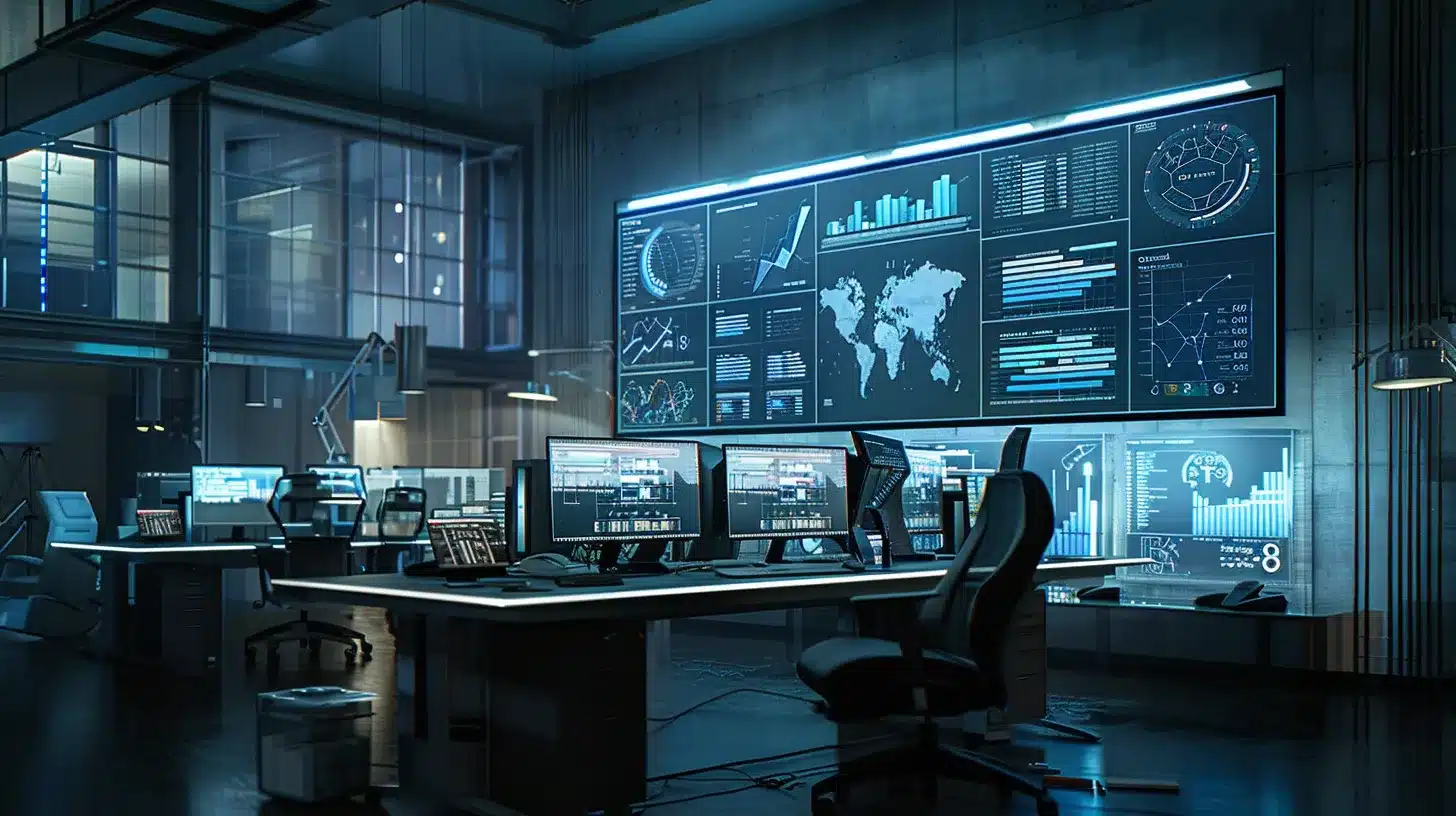 a sleek, modern office workspace features a large computer monitor displaying dynamic website performance analytics, with a focused professional analyzing data amidst a backdrop of organized tech tools and a minimalist aesthetic.