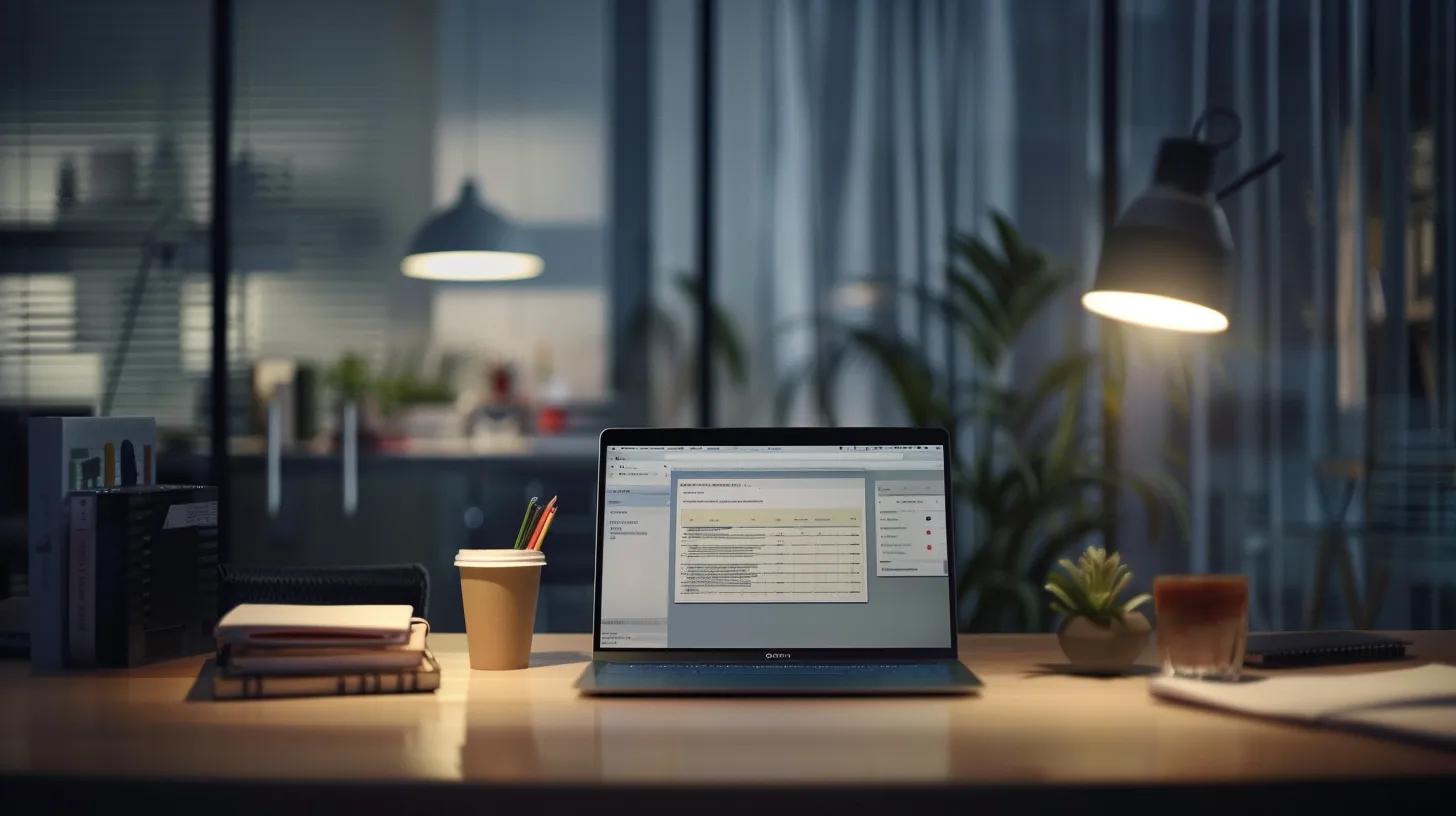 a sleek, modern office workspace is illuminated by soft overhead lights, showcasing a laptop with a vibrant screen displaying a well-structured seo content outline, surrounded by neatly organized notebooks and a steaming cup of coffee, conveying a sense of productivity and strategic focus on keyword integration for digital marketing success.
