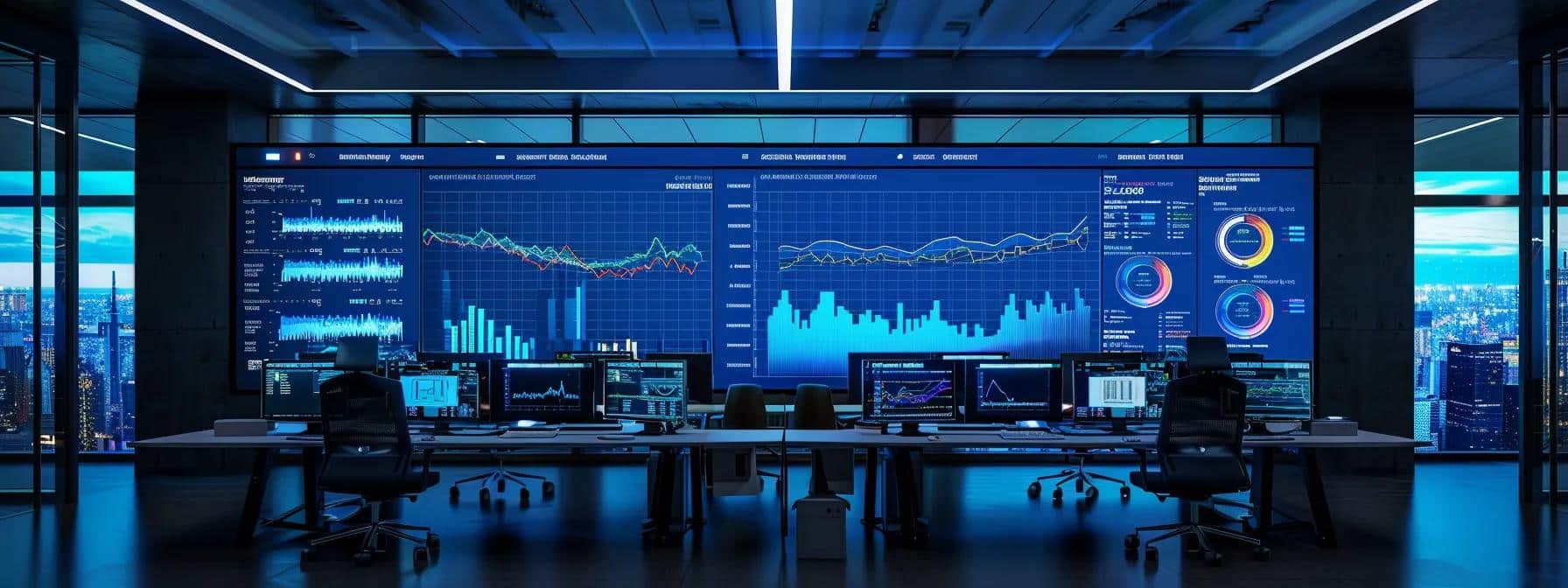 a sleek, modern office workspace featuring a large computer screen displaying an analytics dashboard, emphasizing the importance of technical website optimization for successful link building in a digital business environment.