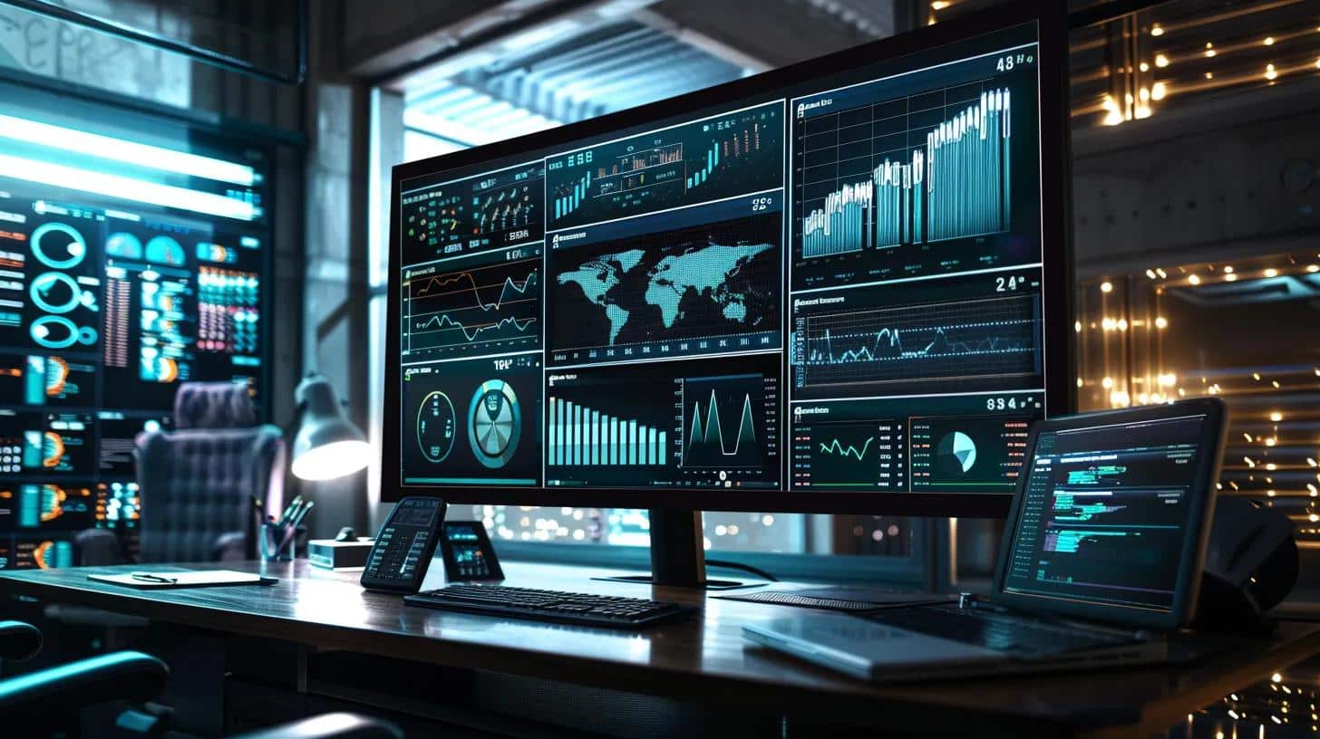 a sleek office workspace features a large monitor displaying an engaging seo analysis dashboard, with vibrant graphs and charts illustrating on-page optimization metrics, all bathed in focused, efficient lighting to emphasize a tech-savvy environment.