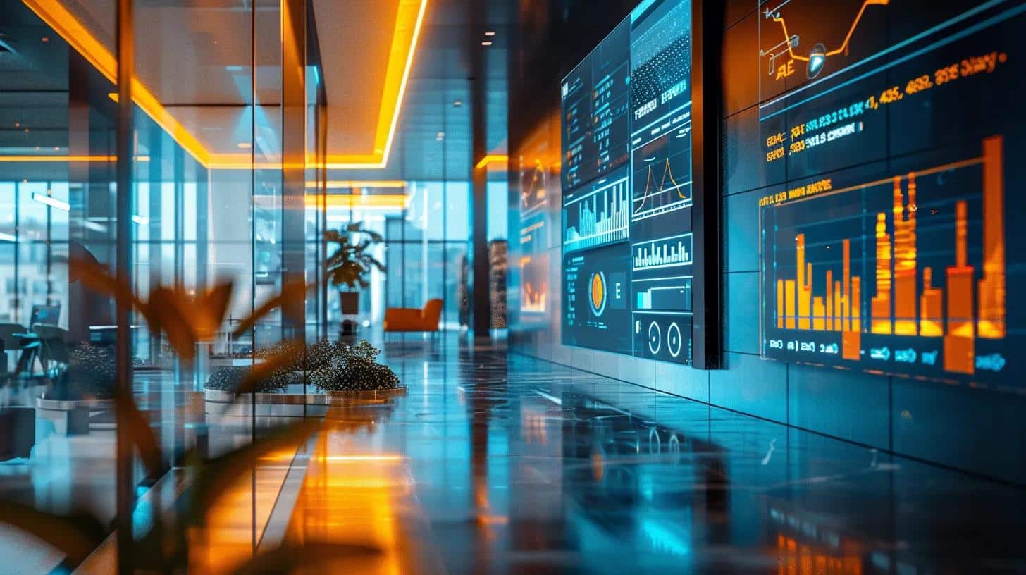 a sleek urban office space with a large digital screen displaying vibrant analytics and seo metrics, highlighting the dynamic impact of digital marketing on e-commerce success in south lyon.