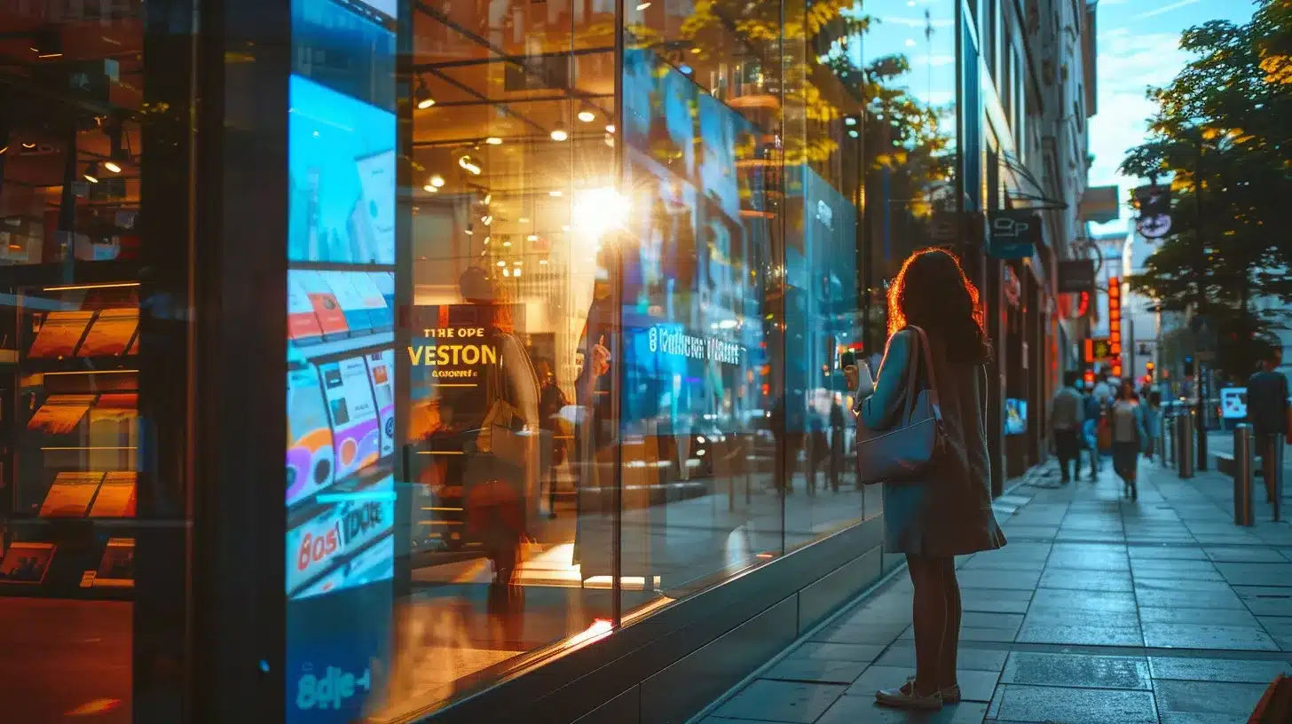 a vibrant and bustling south lyon street scene, filled with engaging storefronts, where digital screens prominently display dynamic seo strategies enhancing local business visibility, captured in warm afternoon light to highlight community energy.