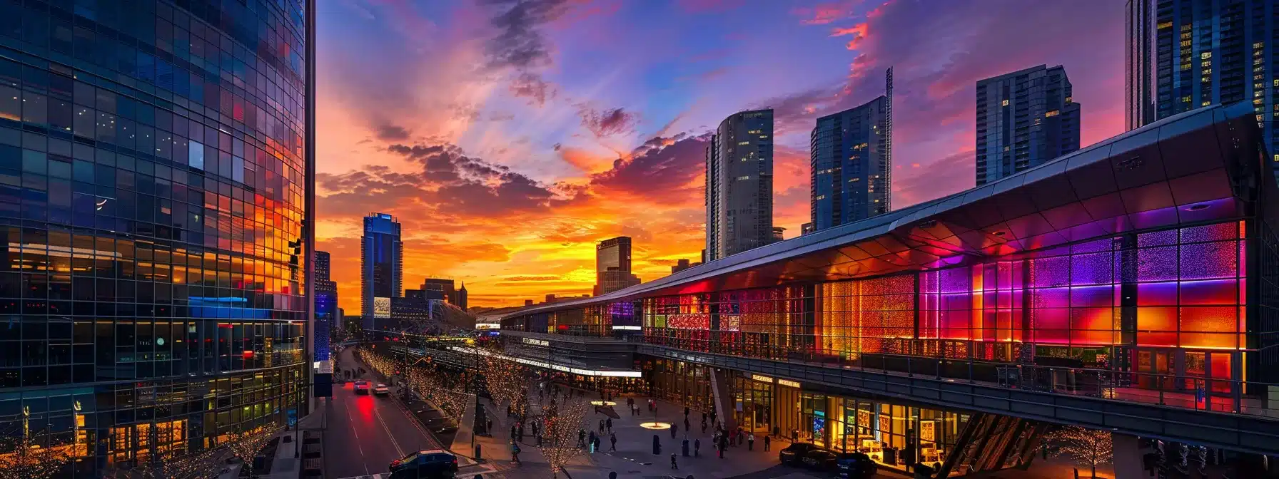 a vibrant city skyline at sunset, illuminated by a cascade of fiery orange and purple hues reflecting off sleek glass buildings, encapsulates the dynamic energy and innovation of urban life.